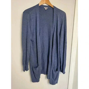 J Jill Long Lightweight Button Front Knit Cardigan Size L Blue V Neck Relaxed